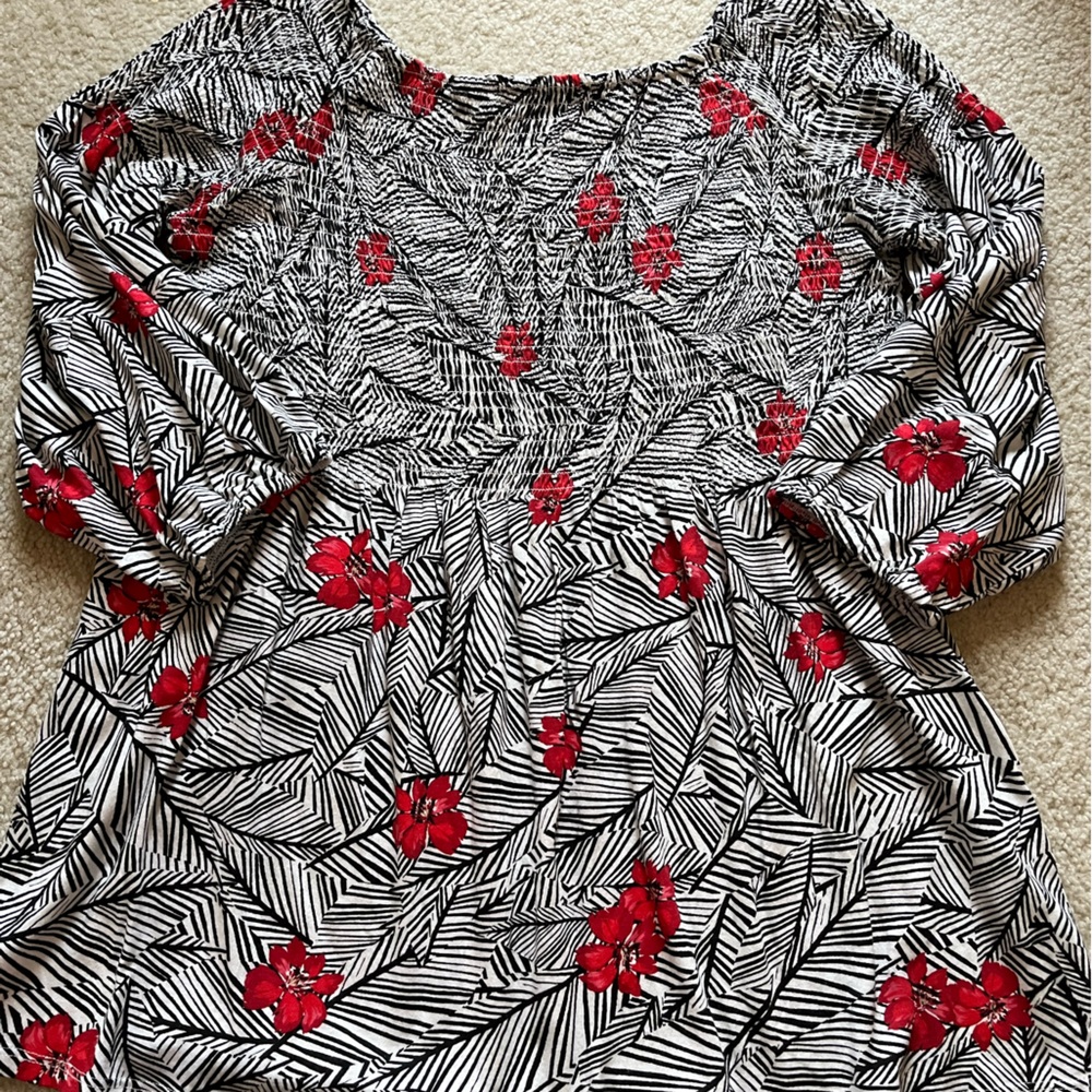 J. Jill Black and White Blouse with Red Floral Design